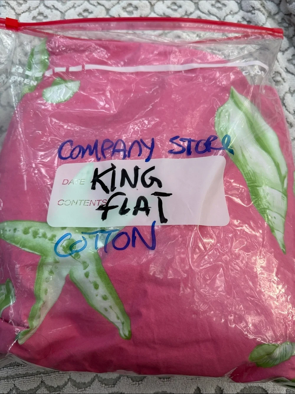 The Company Store Pink Sheet Set with Green Leaf Print king Flat cotton